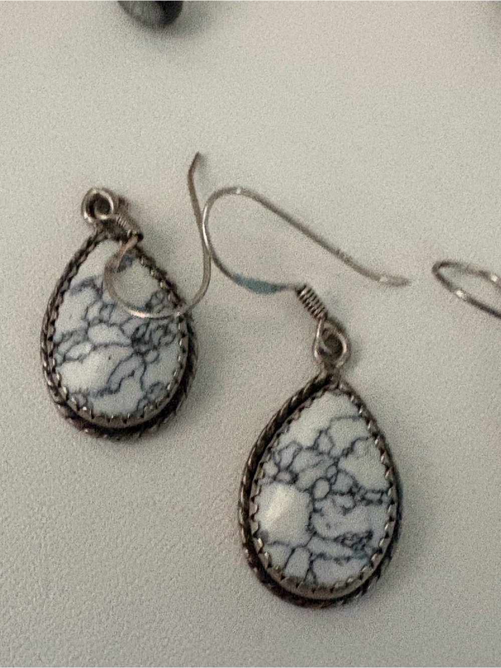 White buffalo turquoise silver Teardrop Dangle Earrings -